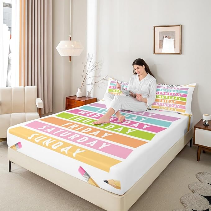 Feelyou Kids Learning Bed Sheet Set Twin Size, Days of The Week Fitted Sheet Educational Bedding Set Boys Girls Preschool Teens Bedroom Decor Bed Set 2Pcs (No TOP Sheet)