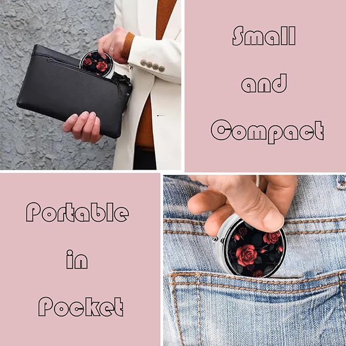 Metal Pill Organizer - 3-Compartment Mini Round Pill Case for Pocket & Purse, Portable Vitamin Holder, Easy-Open Design for Travel - Red Rose