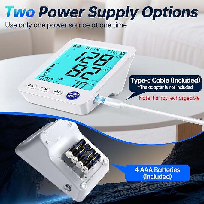 Upper Arm Electronic Blood Pressure Monitor 3 Size Cuffs(S,M/L,XL),Small 7-9",Medium/Large 9-17" and Extra Large Cuff 13-21" Adjustable Blood Pressure Cuff Large LCD Display with Battery & USB Cable