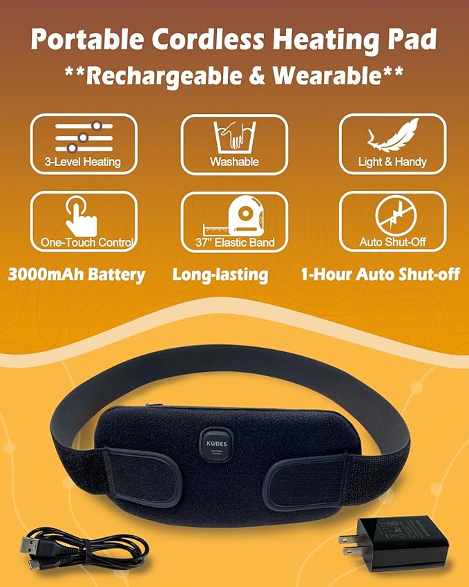 Portable Electric Heating Pad Cordless Period Heating Pad for Menstrual Cramps Pain Relief Back Cordless Period Small Rechargeable Wearable Battery Powered Lower Black Battery