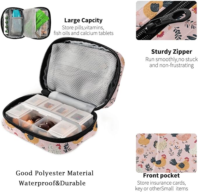 Fustylead Hand Drawn Cartoon Hens and Roosters on Pink Background Travel Pill Case Bag with Zipper Weekly Pill Box 8 Compartments 7 Day Personal Pill Case Purse Medicine Case Organizer