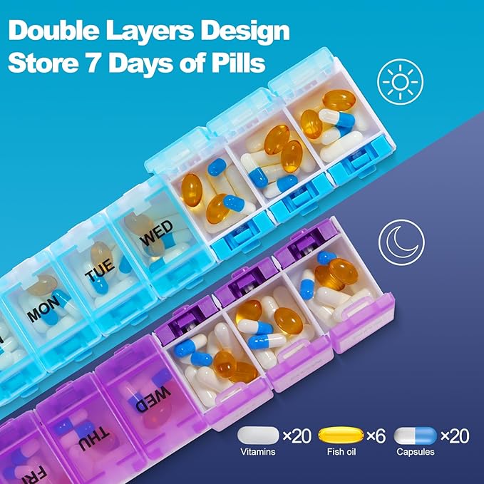 2 Pack Weekly Pill Organizer 2 Times a Day, Push Button Medicine Pill Organizer, Pill Box Case 7 Day AM PM BPA-Free, Pill Container for Vitamins, Fish Oil, Supplements Medication (Blue+Purple)
