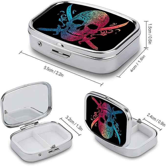 Metal Pill Organizer – 2-Compartment Pocket Pill Box for Vitamins, Supplements, Medications – Compact Travel Case (Ornate Rainbow Skull)