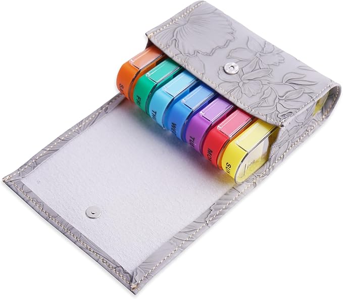 Pill Organizer,LIZIMANDU Weekly Travel Pill Case Box Medication Reminder Daily AM PM, Day Night 7 Compartments,for 4 Times A Day, 7 Days a Week-Includes Leather PU Carrying Case(1-Carved Grey)
