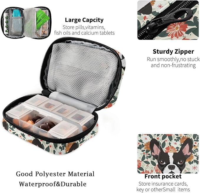 Fustylead Vivid Boston Terrier and Vibrant Flowers Pill Organizer Travel Bag, Small Portable Pill Case Cute for Vitamin Fish Oil Supplements Medicine Organizer with Zipper