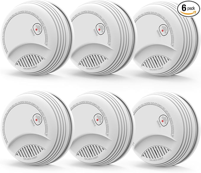 6 Pack Smoke Detector, Photoelectric Sensor Battery-powered Fire Smoke Alarm, LED warning light 85 dB alarm sound, low battery warning, mute and test buttons, suitable for living rooms, bedrooms, etc.