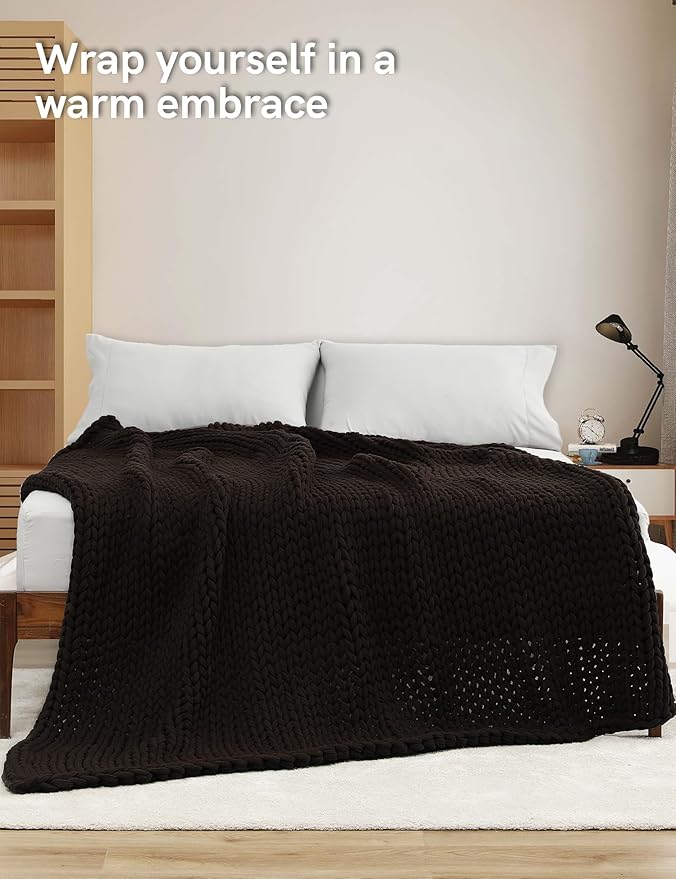 YnM Cotton Weighted Blanket, Handmade Chunky Knitted Design, Soft and Cozy, Temperature Regulating and Breathable, Machine Washable Throw for Sleep or Home Decor (Chocolate Brown, 60x80 Inch, 25lbs)