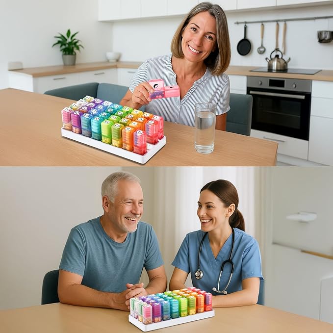 Fullicon Monthly Pill Organizer 2 Times a Day, 30 Day AM PM Pill Box with 32 Large Removable Cases, Medicine & Vitamin Storage for Travel & Home (Rainbow White)