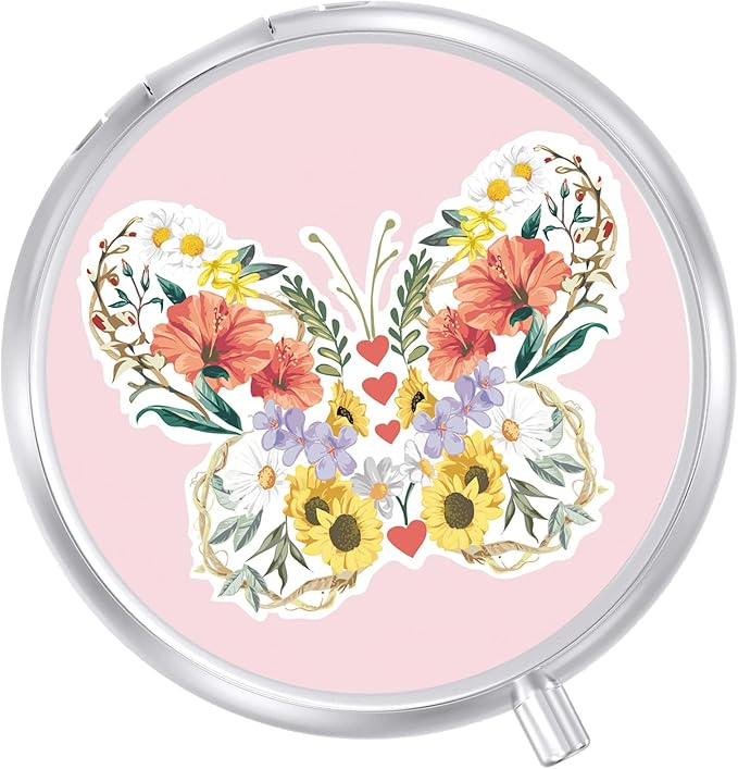 Round Pill Case Small Pill Box with Mirror Pocket 3 Compartment Vitamin Pill Medicine Case Organizer Pill Containers for Traveling Butterfly Flower Sunflower
