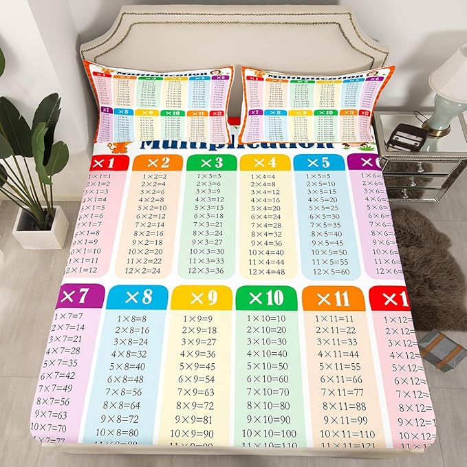 Multiplication Bed Sheet Set Full, Math Games Fitted Sheet for Kids Educational Bedding Set Learning Time Bed Cover Lightweight Bed Set (No Flat Sheet)