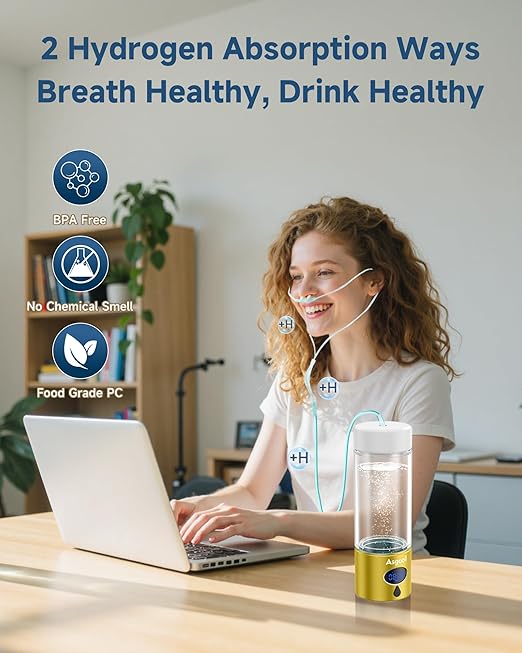 Hydrogen Water Bottle - 5000 PPB in 8 Minutes, Cyclic Mode for 8 Hours, Self Clean, Aluminum & Glass, for Travel Sports Office Home, Gift for Father Mom Family Friends Clients(Gold, 12Oz)