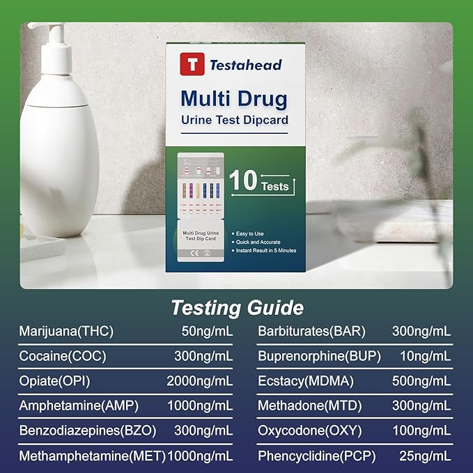 Drug Test Kit 10 Pack, Home Drug Tests, 12 Panel Drug Test Urine, Tests for Marijuana (THC),COC,OPI 2000,AMP,BZO,BAR,BUP,MDMA,MET,MTD,OXY,PCP