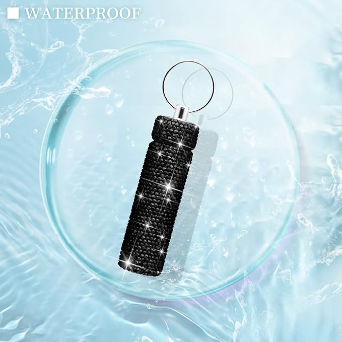 Yuchew Bling Pill Case Pill Container Rhinestone Pill Box Portable Waterproof Pocket Pill Holder Bottle Storage with Keychain for Travel, Outdoor, Camping (Black)