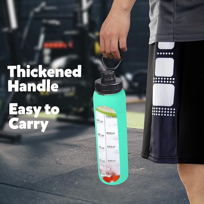 GIEMIT Glass Water Bottles 32oz with Silicone Sleeve Drinking Hydration Bottles Reusable Borosilicate Wide Mouth Motivational Water Flask Canteen with Time Marker Spout Lid and Brush (Green - 32 oz)