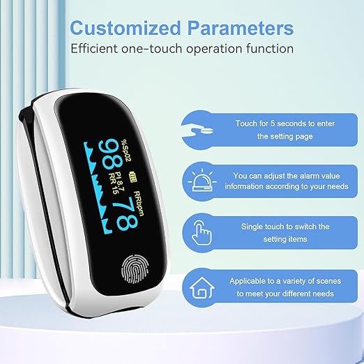 Rechargeable pulse oximeter with respiration, oximeter finger with Pulse Rate SpO2 PI PRR Fast SpO2 Reading Home Outdoor Athletic Sports White