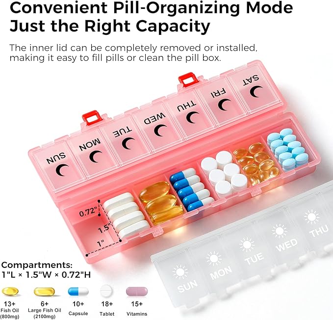 Foldable Pill Organizer Weekly 2 Times a Day, 7 Day Portable AM PM Travel Pill Case with Black&White Labels, Dual-Protection Daily Medicine Box, Large Pill Container for Vitamin/Supplement-Clear Pink