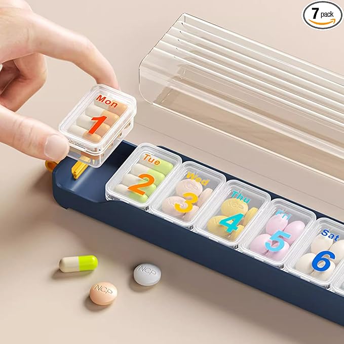 7 Day Pill Organizer, Large Capacity Weekly Pill Organizer, Pill Box Organizer with Separate compartments for Daily Medication Storage and Travel use (Blue)