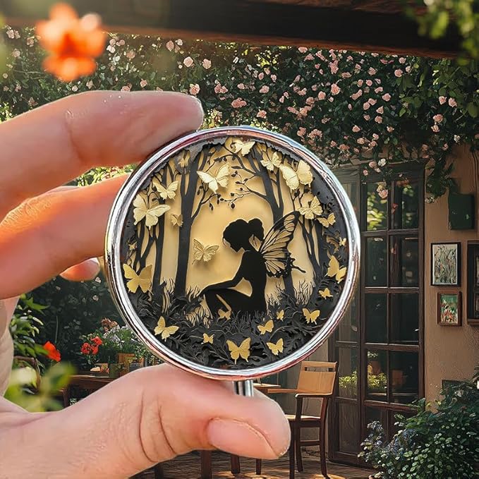 Portable Round 3 Compartment Metal Pill Box Enchanted Fairy & Butterflies Print Ideal for Office Kitchen Travel and Daily Medication Management