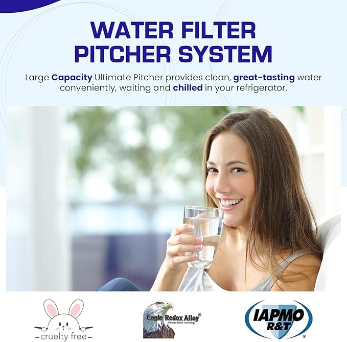Crystal Quest Water Filter Pitcher - 12-Cup Capacity, Includes 1 Long-Life Filter, BPA Free, Meets NSF Standard 42 - Filters up to 2,000 Gallons – Smart + Fluoride Removal/Light Blue