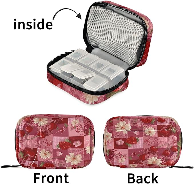 Red Checkered Floral Cherry Strawberry Travel Pill Organizer Case Box Container Weekly Portable Vitamin Medicine Holder Storage Bag with Zipper Removable