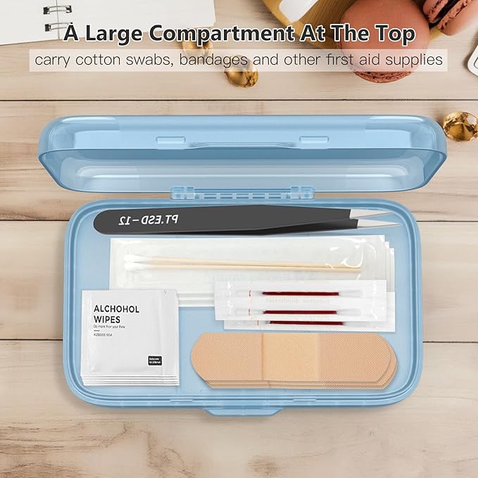 FYY Weekly Pill Organizer with Labels,8 Compartments Travel Daily Pill Case Airtight Moistureproof Large Pill Box to Hold Vitamins, Fish Oil, Supplements,Cotton Swab and Bandages-Blue