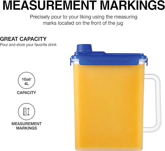 LocknLock Aqua Fridge Door Water Jug with Handle BPA Free Plastic Pitcher with Screw Top Lid Perfect for Making Teas and Juices, 1 Gallon, Blue (Pack of 2)