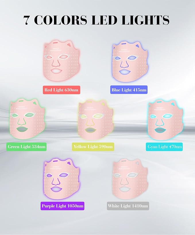 Red Light Mask for Face, 7-1 Colors Facial Care Mask, 850nm Infrared & Red Light Masks, Ergonomic Design for Home & Travel, Pink