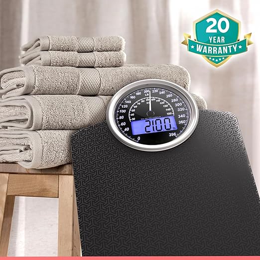 Adamson Hybrid 2-in-1 Analog & Digital Weighing Scale for Body Weight up to 400lbs - Thick Tempered Glass - Extra Large Display - Easy to Read Digital Bathroom Scale - Black Matrix with Blue Backlight