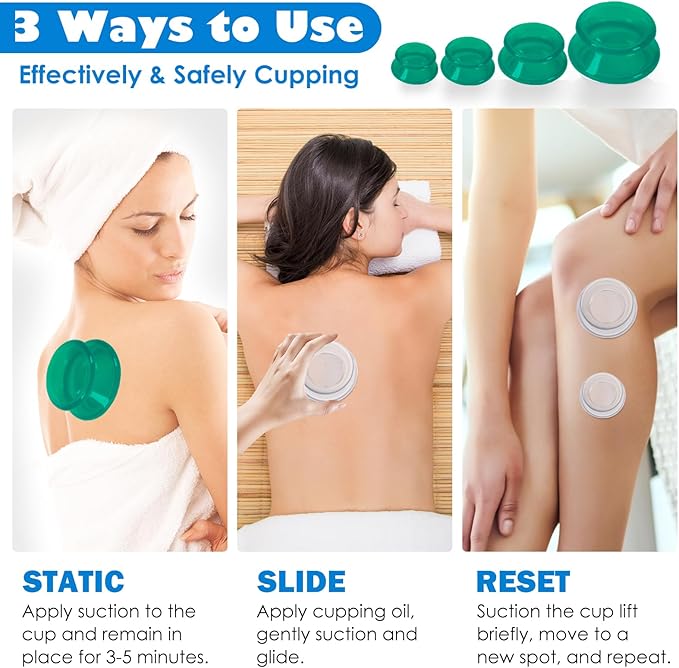 3Pcs Cupping Therapy Set-Professional Silicone Cupping, Suitable for Facial Body Massage/Deep Myofascial Release/Pain Relief/Muscle Relaxation & More (Green,3pcs)