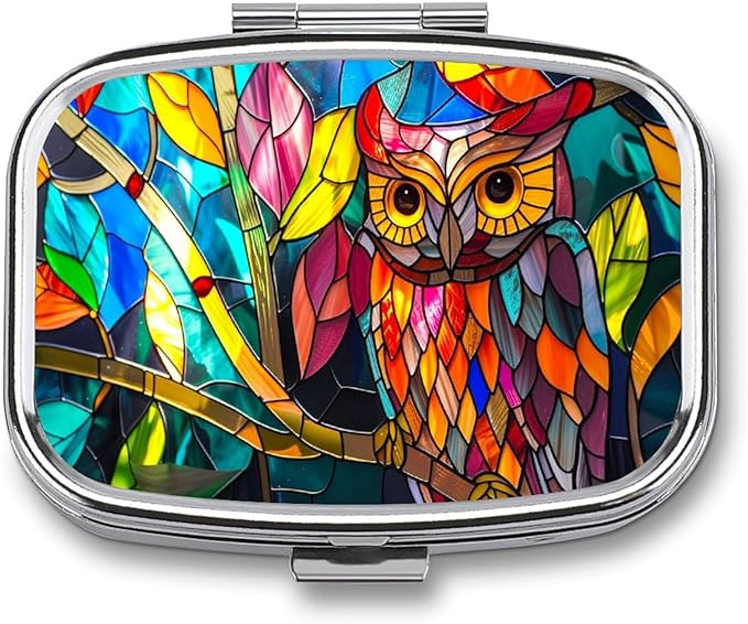 Horned Owl Pill Box 2 Compartment Flora and Fauna Stained Glass Portable Medicine Pill Case Travel Pill Organizer for Pocket Purse