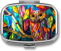 Horned Owl Pill Box 2 Compartment Flora and Fauna Stained Glass Portable Medicine Pill Case Travel Pill Organizer for Pocket Purse
