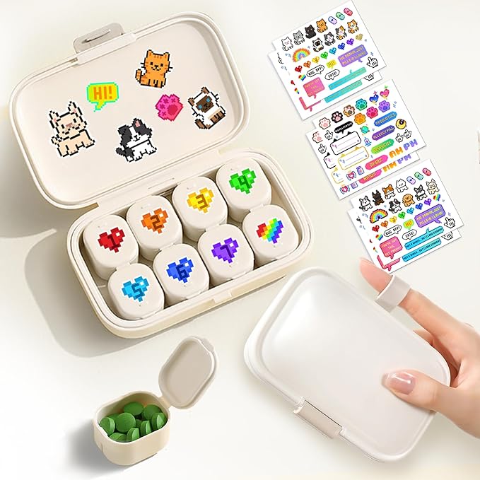 Cute 7 Day Pill Organizer Box with Medicine Labels, 8 Compartments Travel Pill Case Airtight Moistureproof, for Vitamins, Fish Oil, Supplements