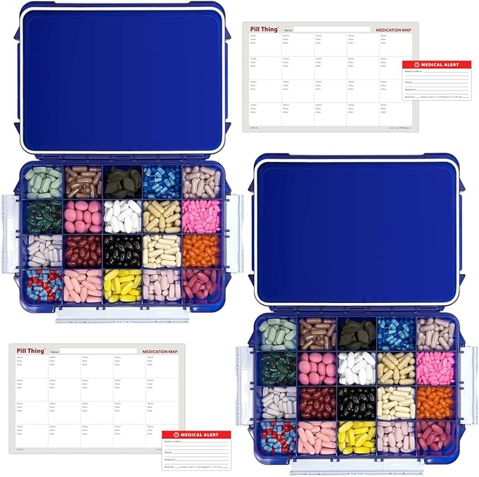 20 Compartment UV Protected Large Cobalt Blue Pill Case with Airtight Seal, Spill Proof, Silicone Gasket Waterproof Med Box with Medication Map, Medical Alert Card (Blue 2 Pack)