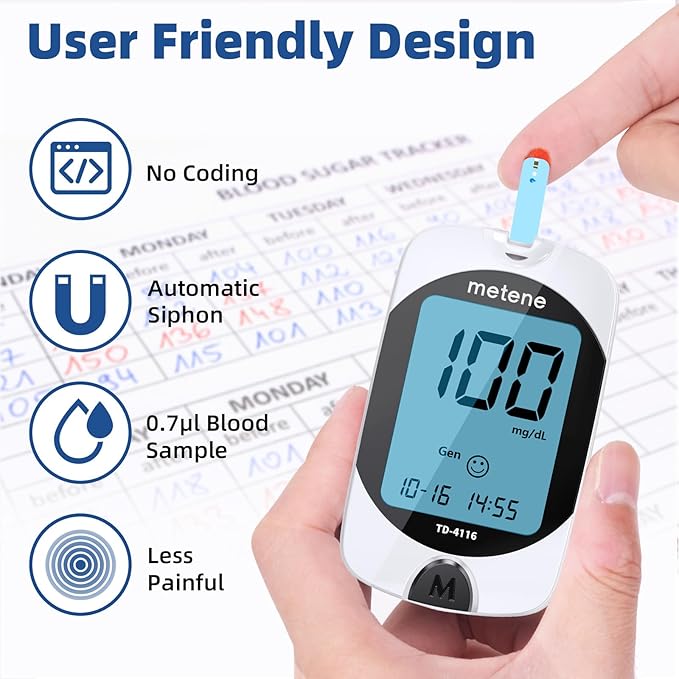 Metene TD-4116 Blood Glucose Test Strips, 200 Count Test Strips for Diabetes, Use with metene TD-4116 and metene S Blood Glucose Monitor Only(No Monitor)
