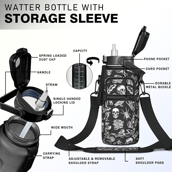 Goth Half Gallon Water Bottle with Sleeve -Flip Top Bpa Free 64 OZ - Motivational Time Marker Leakproof Water Jug - Goth Gifts for Women - Halloween Witchy Gothic for Gifts