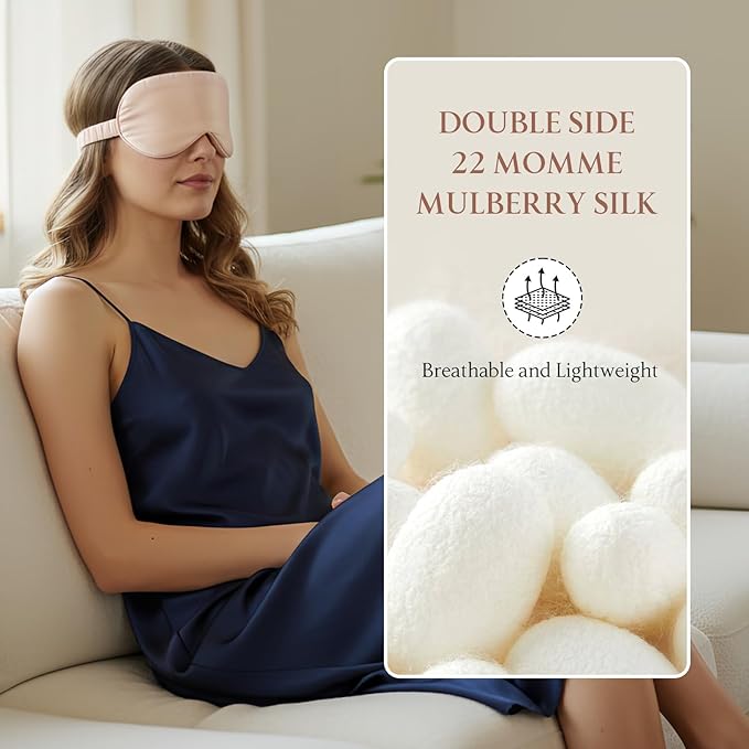 Luxury 22 Momme Mulberry Silk Eye Mask for Women Men Blindfold with Elastic Strap,100% Pure Silk Travel Eye Covers Light Blocking Lightweight Cooling Soft Night Eyeshade Sleep Masks,Pink