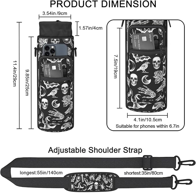Goth Water Bottle Sling Bag for 25oz/32oz Tumblers,Adjustable Neoprene Water Bottle Carrier Bag,Insulated Carrier with Shoulder Strap & Phone Pocket - Halloween Goth Gifts for Women
