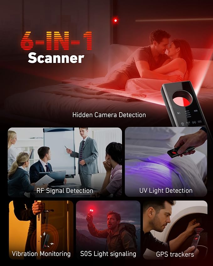 Anti-Spy Hidden Camera Detector - 6-in-1 GPS Tracker & Bug Detector, Signal Scanner, Rechargeable Privacy Protector for Solo Users/Hotel/Office/Home/Car with Intrusion Alert & SOS Flash Alert,Black