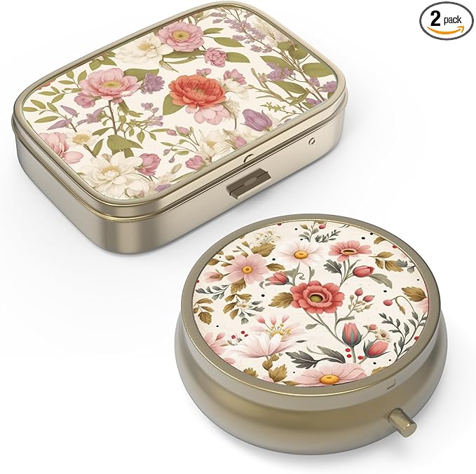 Pill Organizer Pill Box with Mirror Retro Small Pill Case for Purse or Pocket Bronze Pill Box or Vitamins, Fish Oil, Supplements, Pill Containe Travel Gifts（2PCS-Retro Red Flowers）