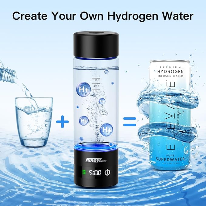 Hydrogen Water Bottle with LED Display, 3000ppb Portable Water Ionizer Machine with SPE/PEM Technology in 5-Minute Electrolysis, Rechargeable Hydrogen Rich Glass Cup for Home Office Travel & Fitness