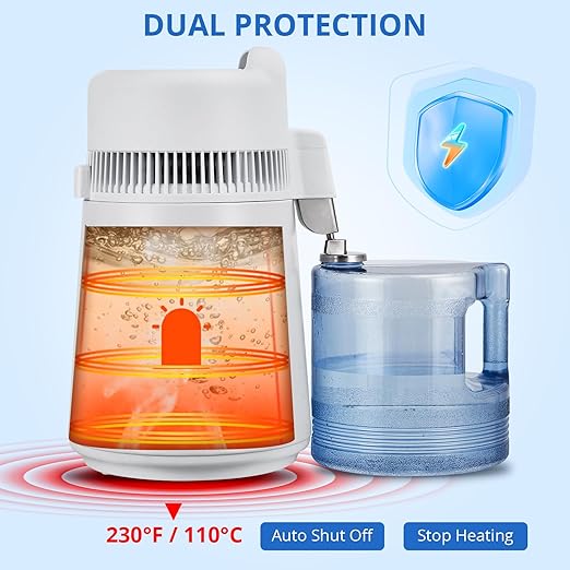 4L Countertop Stainless Steel Distilled Water Purifier, Distilled Water Making Machine with Plastic Container, Ideal for Household, Workplace, Lab, and Aquarium Usage-White