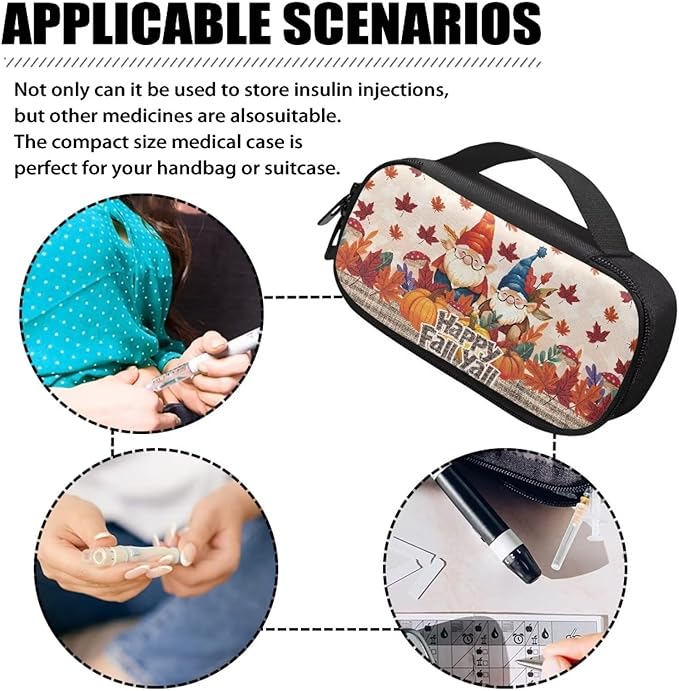 Happy Fall Pumpkin Maple Insulin Cooler Travel Carrying Case Thanksgiving Decorative Diabetic Medication Organizer Case Insulated Cooling Bag for Insulin Pens Syringe Needle