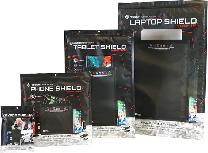 Mission Darkness Faraday Bag Bundle [Standard Collection] - Phone, Tablet, and Laptop Size Bags Included + Bonus Key fob Bag. RF Shielding, EMF Reduction, EMP Protection, Anti-Tracking & Hacking