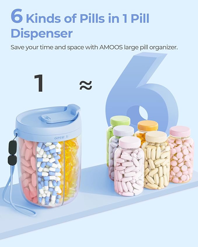 Large Pill Dispenser with 6 Compartments, Anti-Mix Pill Bottle Organizer with Wide Opening & Easy Retrieval, Vitamin Organizer for Travel, BPA-Free Pill Box with a Strap, Blue
