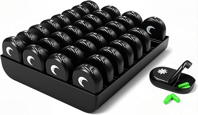 XL Monthly Pill Organizer 2 Times A Day, AM/PM One Month Pill Box 28 Day,Daily Pill Case Large 4 Week Big Compartments for Pills Vitamin Fish Oil Supplements (Black) (Black)