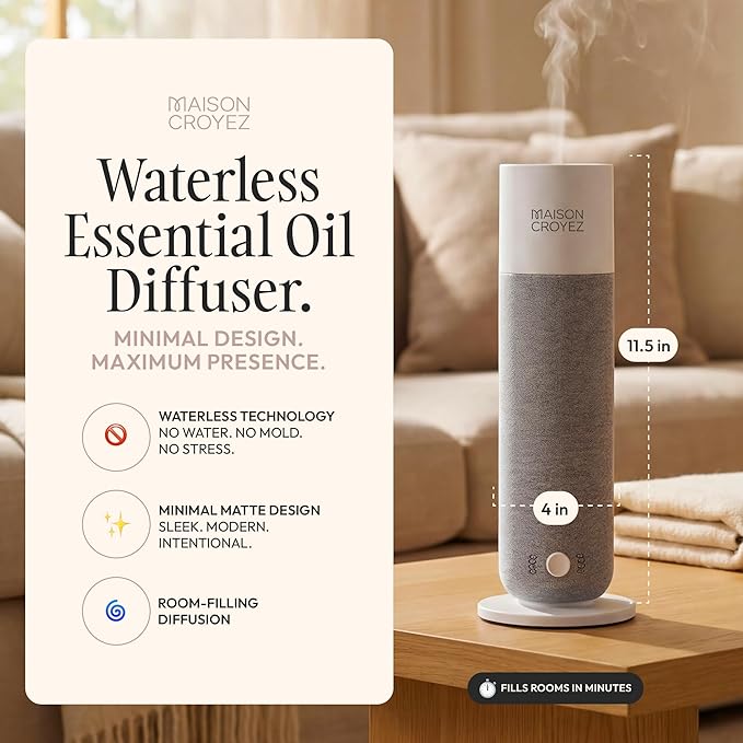 Waterless Essential Oil Diffuser (120ml Bottle) – Nebulizing Aroma Diffuser, 3 Intensity Levels, 1/3/6H Timer + Auto Mode, Warm Ambient Light, Up to 600 sqft