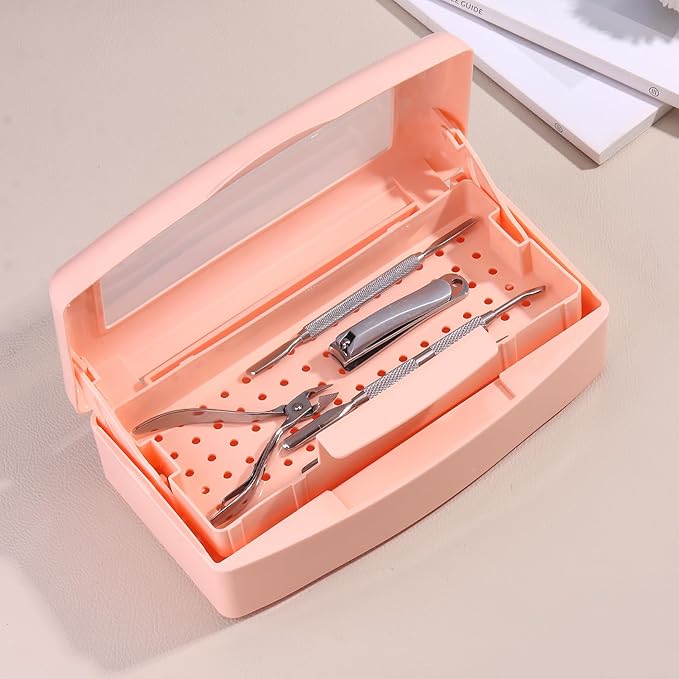 Nail Tool Sterilizer Box Plastic Disinfectant Container for Nail Art Accessories Tools, Sterilizer Soaking Box with Strainer Pedicure Manicure Cleaning Equipment, Orange