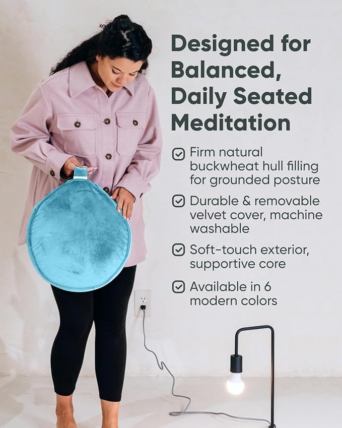 Mindful Modern Velvet Meditation Cushion | Luxe Zafu Yoga Floor Pillow Seat | Posture Support | Buckwheat Hull Filled | Large Round Cushion with Removable Washable Cover + Carry Handle