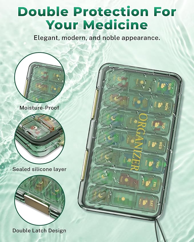 Weekly Pill Organizer 3x a Day - 7 Day Pill Box with 21 Compartments (Morning/Noon/Night), BPA-Free Daily Pill Case, Portable Medicine Organizer for Vitamins, Supplements & Medication【Upgrade】 (Green)