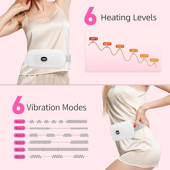 Portable Heating Pad Period Cramps: 2 Timer 6 Heat Levels 6 Vibration Modes Cordless Electric Heating Pad for Back Pain Relief Menstrual Heating Pad (White)